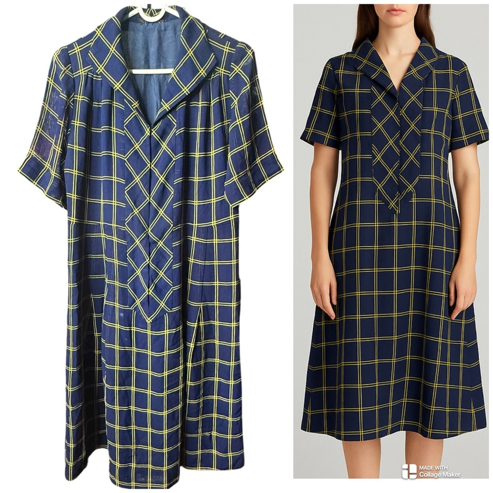 Navy Yellow Plaid Shirt Dress with Fold Collar | Vintage-Inspired Midi